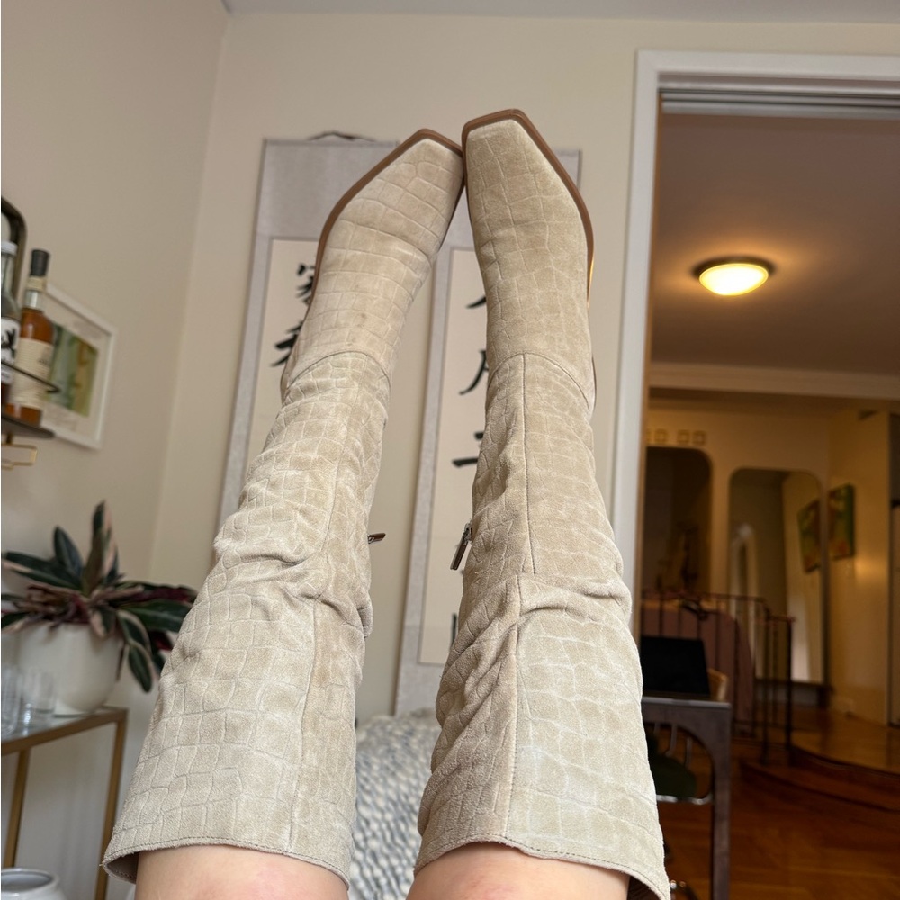Vince Camuto Cream Suede Boots with Croc Pattern